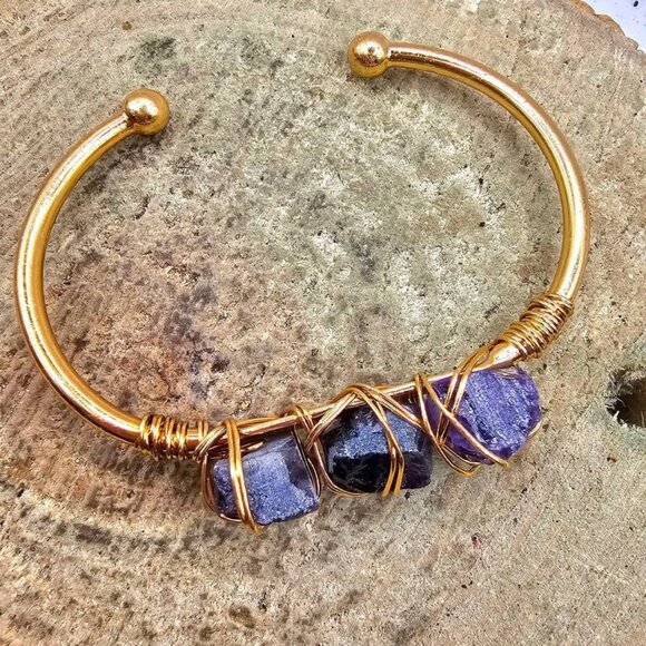 Nature Amethyst Polished Stone Wire Wrapped Cuff Bangle - Picture 2 of 10